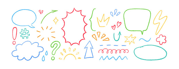 Crayon doodle element set. Hand drawn speech bubbles, star, cloud. Color pencil underline, arrow, spark drawing. Kids doodle chalk style flower, sun and drops. Vector illustration on white background.