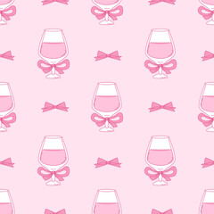 Seamless Pattern Glass Cocktail with Coquette Ribbon Bow on Pink Background. Vintage Aesthetic Drink. Romantic Girly Vibe beverage. Trendy backdrop template. Vector illustration
