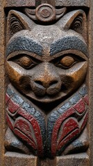 Intricate carved cat face with ornate tribal designs on wooden surface