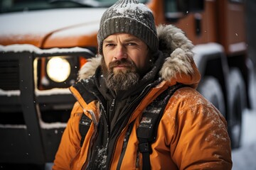 Fototapeta premium A rugged man dressed in winter gear poses against a snowy backdrop, showcasing determination and resilience amidst the beautiful yet harsh winter environment around him.