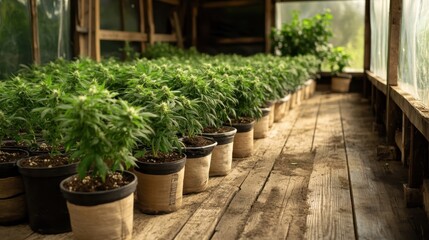 Rows of healthy cannabis plants thriving in a well-lit greenhouse, showcasing the lush greenery and cultivation efforts essential for modern gardening and botanical study.