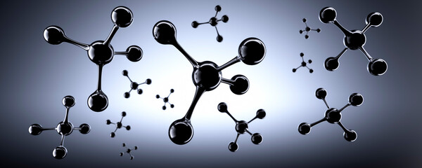 Abstract black Molecule Models floating with dark blue Background - 3d illustration 