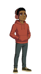 Obraz premium Cool Black Teenage Boy with Headphones Stylish Cartoon Character in Red Hoodie and Casual Outfit
