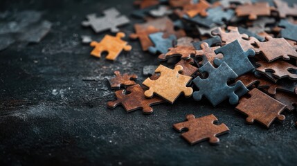 A random collection of scattered puzzle pieces displayed on a rustic black surface, perfect for illustrating problem solving and creativity in life and art.