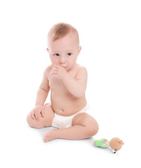 Cute little baby with toy on white background