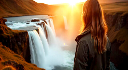 Woman overlooking waterfall at skogafoss, Iceland. Skógafoss, Ísland.