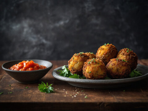 Delicious golden brown papas rellenas served with zesty sauce.