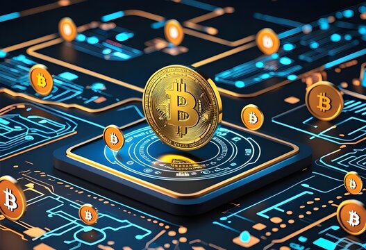 Isometric floating Bitcoin with blockchain layers - Powered by Adobe