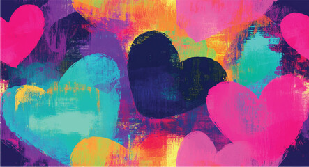 Impressionist hearts painted abstract vector opaque and translucent overlapping neon colors hypnagogic maximalism flat shading simplified painting background pattern backdrop 