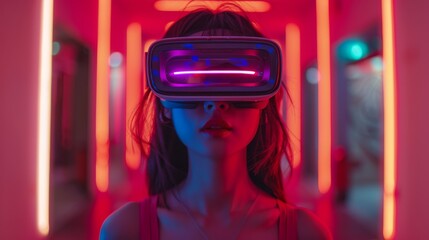 Fototapeta premium A young woman exploring a virtual reality experience in a modern illuminated space, representing the intersection of technology and human imagination, embodying innovation and adventure.