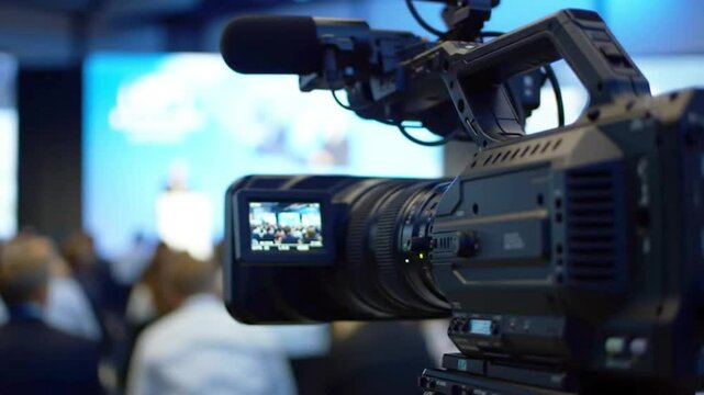 A professional broadcast camera captures a blurred conference, its lens focused on a presentation against a backdrop of vibrant blue screens