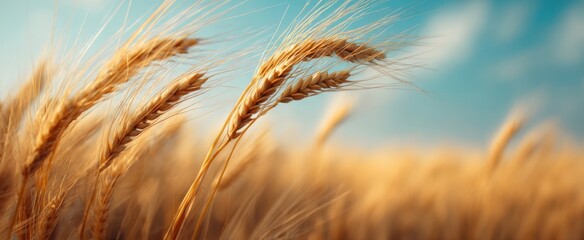 The Golden Wheat Ears Swaying in the Gentle Breeze Under the Blue Sky