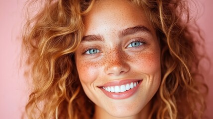 This close-up portrait features a young woman with curly hair and freckles, showcasing her bright smile and captivating blue eyes, radiating confidence and beauty.