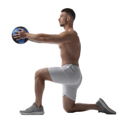Man exercising with medicine ball on white background