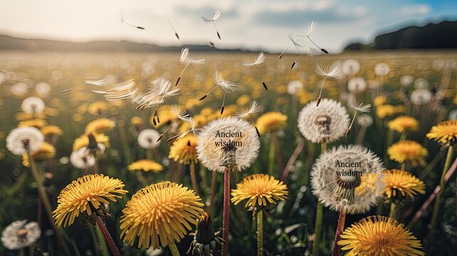A field of dandelions with fluffy seeds floating under a blue sky and text that reads ancient wisdom representing nature