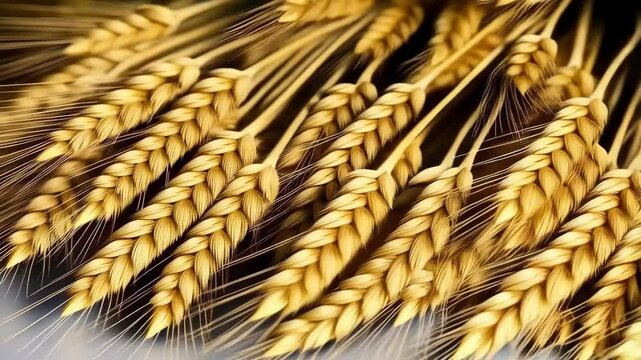 Golden wheat stalks arranged close together on a white surface, creating a background pattern for agricultural themed designs