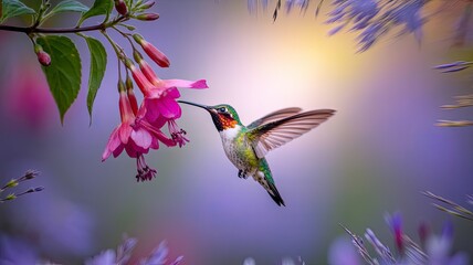 A magnificent hummingbird hovering near vibrant fuchsia flowers capturing nature's beauty with grace and serenity in soft focus