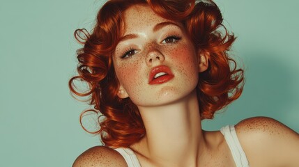 A striking portrait of a freckled model with vibrant curly hair and bold makeup, celebrating individuality and beauty, inviting viewers to appreciate unique features and expressions.