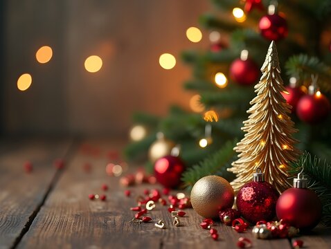Beautiful christmas background with wood table ornaments and christmas tree with copy space