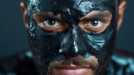 An intense close-up of a man with a charcoal facial mask revealing deep, captivating eyes, exploring themes of self-care, grooming, and modern beauty rituals in intimate detail.