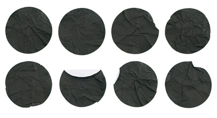 Set collection of blank crumpled black paper stickers in round shape isolated on transparent background