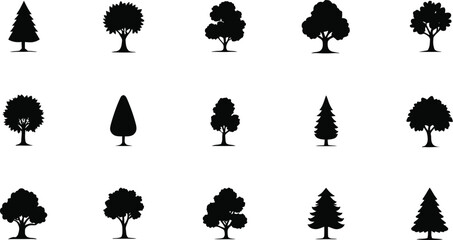 A collection of fifteen different tree silhouette icons, varying in shape and style.