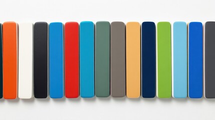 Vibrant and diverse rectangular objects with smooth surfaces neatly aligned against a plain white background, showcasing a colorful palette including orange, white, black, blue, red, teal, gray, beige