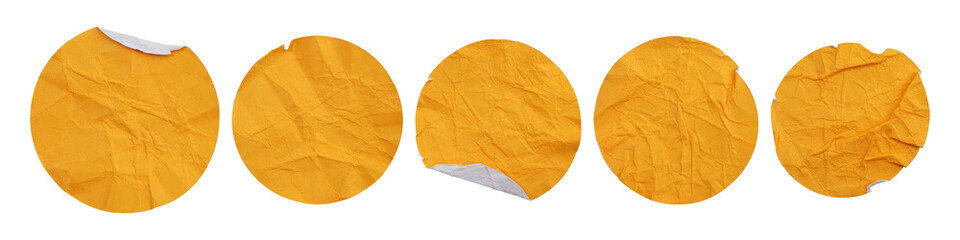 Set collection of blank crumpled yellow paper stickers in round shape isolated on transparent...