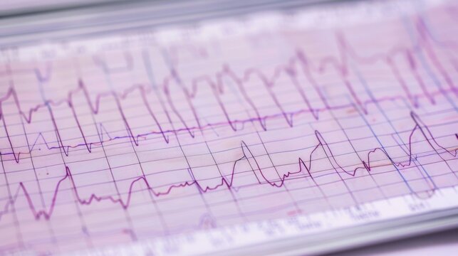 Close-up of a medical chart with various lines and graphs.  The image shows a paper printout of a physiological waveform, possibly an ECG or other medical monitor