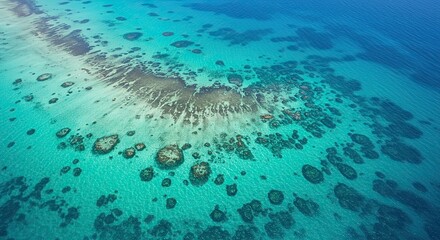 Aerial view of a vibrant turquoise ocean with coral reefs and clear blue water