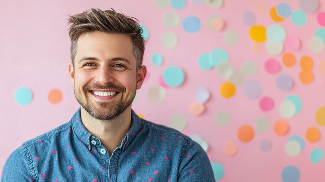 A man with a beard and mustache, wearing a denim shirt with a pattern, standing in front of a pink background with colorful paper circles.