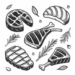 Hand-drawn monochrome meat cuts and herbs illustration on transparent background