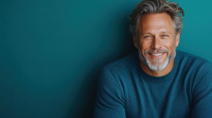 Obraz premium A close-up shot of a handsome older man smiling warmly, radiating charm and wisdom, set against a soothing teal background, encapsulating confidence and grace.