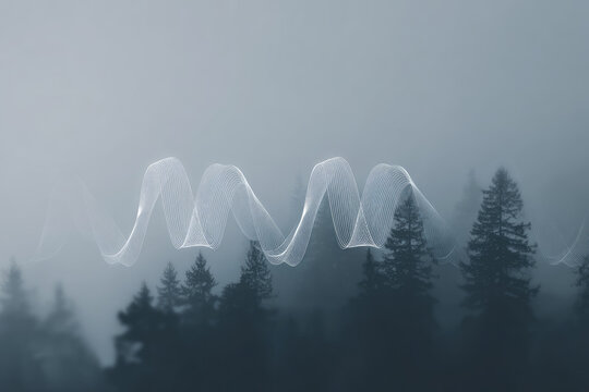 Misty forest landscape with tall evergreen trees is overlaid with ethereal, ambient soundscape represented by soft, white echo waveform. scene evokes sense of tranquility and mystery