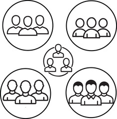 Flat design icon of three user avatars representing a community or group, outlined icon sheet EPS, PNG. JPG for Mobile app and web app.