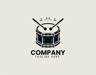 Dynamic Drum Silhouette Struck by Two Sticks Rhythmic Music Vector Logo Design
