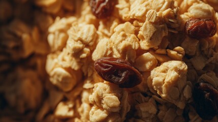 Macro view of granola mix with dried fruit for healthy breakfast inspiration