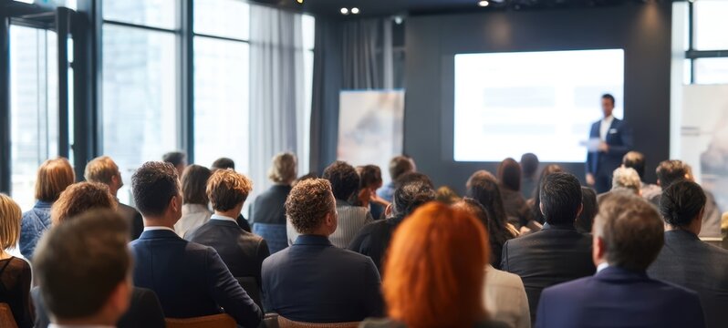 The audience engaged in a dynamic presentation at a corporate conference event.