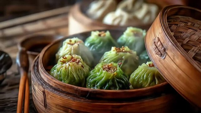 Steaming Chinese dumplings with wooden steamer.