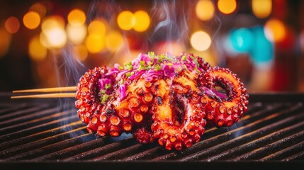 Grilled octopus tentacles on skewers with seasonings for outdoor barbecue