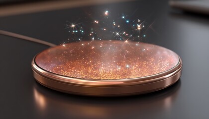 rose gold luminous wireless charger with pulse aura soft particle sparks ambient glow on high-tech base surface