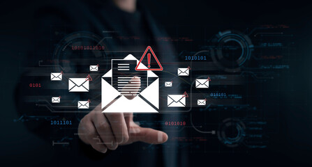 Cybersecurity concept showing phishing email alert interface, malicious email detection, threat monitoring and secure digital protection system for data and user identity safety