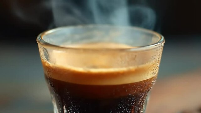 Steaming Espresso Coffee Closeup.