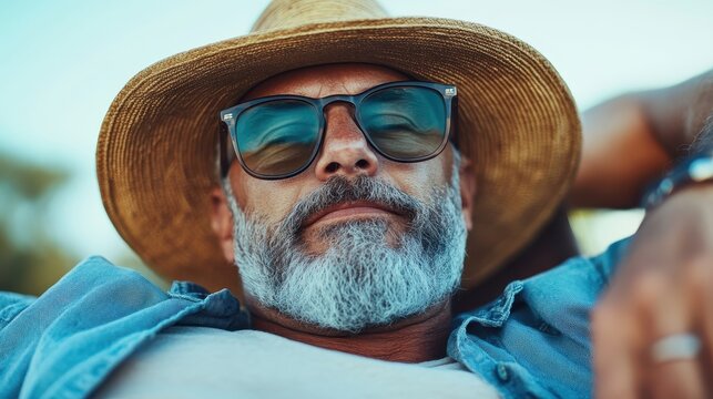 A stylish elderly man lounging outdoors, sporting fashionable sunglasses and a straw hat, exudes a calm and relaxed vibe, epitomizing leisure and sophistication.