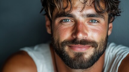 Obraz premium A close-up portrait of a handsome young man with a warm smile, showcasing his blue eyes and tousled hair against a softly blurred background, radiating confidence and charm.