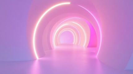 Abstract tunnel with glowing arches in pink and lavender gradient colors