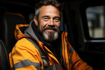 A joyful man dressed in a bright orange safety jacket is smiling, showcasing a sense of professionalism, outdoor adventure, and readiness for any task ahead.