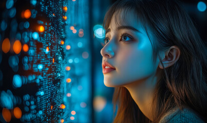Young woman looking attentively at illuminated digital data screen with blue and orange cyber light reflections in dark environment closeup profile portrait technology concept