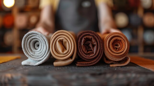 An aesthetically pleasing arrangement of leather rolls in various shades emphasizes the quality and craftsmanship involved in leatherwork, perfect for artisans.