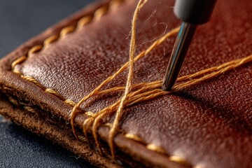Hand sewing a leather wallet with meticulous attention to detail and strong thread in a close-up view of the craftsmanship process – commercial concept image
